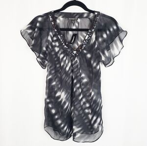Express sheer tie dye sequin V neck blouse